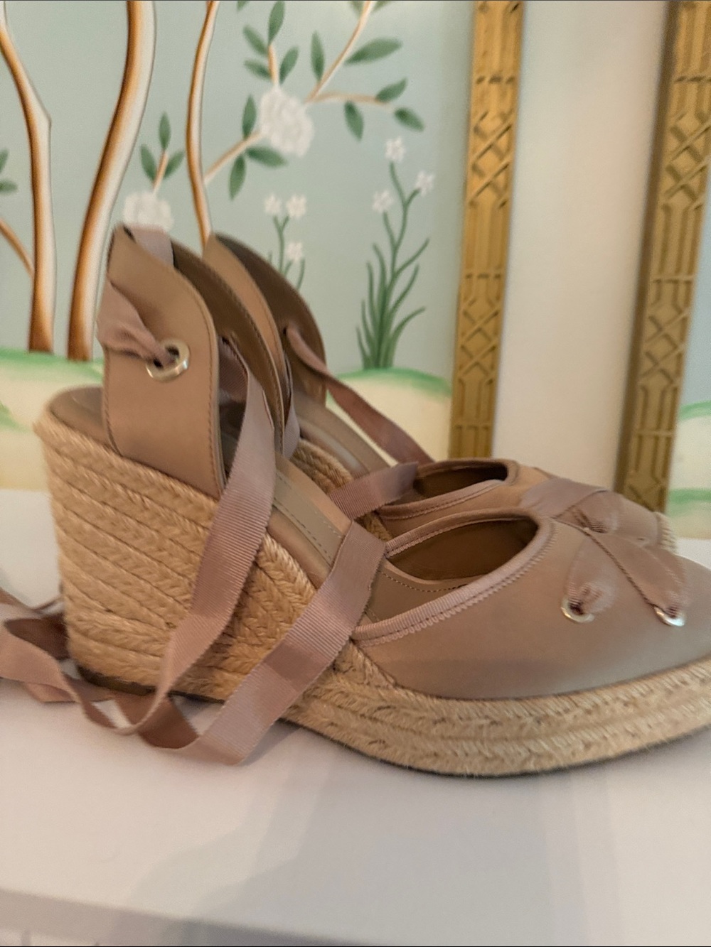 Zara Taupe Espadrille Wedge Sandals with Ankle Ribbon